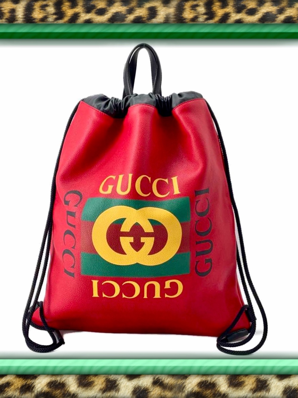 Gucci Red Drawstring Backpack with Green and Yellow Logo